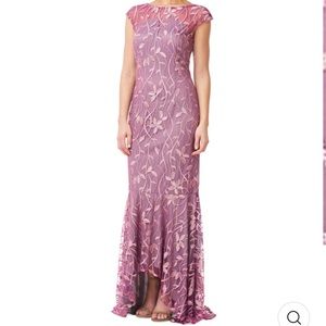 JS Collections Embroidered Floral Cap Sleeve Evening Gown